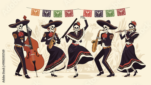 Traditional Day of the Dead celebration featuring a skeleton band dressed in mariachi outfits playing music and dancing together.