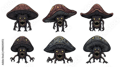 Set of creepy mushroom monsters with jagged teeth, glowing eyes, and dark caps designed for fantasy or horror game characters.