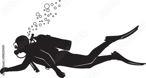 Silhouette of Scuba Diver Swimming Underwater