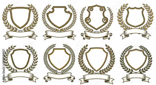 Collection of Eight Decorative Heraldic Shields with Laurel Wreaths and Banners.