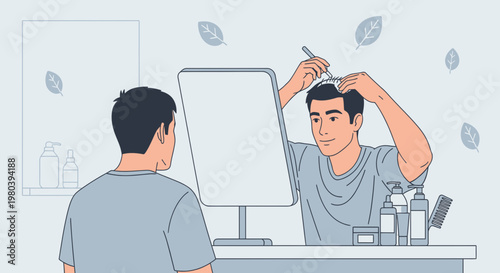 Man applying hair product in front of mirror, self-care routine, personal grooming