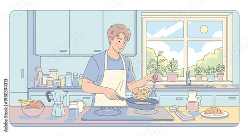 Man cooking pancakes in a bright kitchen, sunny morning, healthy breakfast, lifestyle