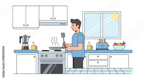 Man cooking breakfast in a modern kitchen with coffee and toast