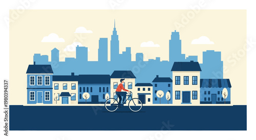 Man cycling in front of cityscape, residential buildings, and skyscrapers