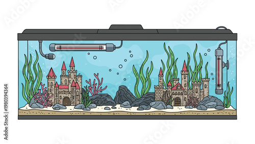 Large rectangular aquarium decorated with tall green plants, pink coral, grey rocks, and two miniature castle ornaments for fish.