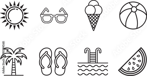 Summer vacation icons set with sun glasses palm tree flip flops  beach symbols
