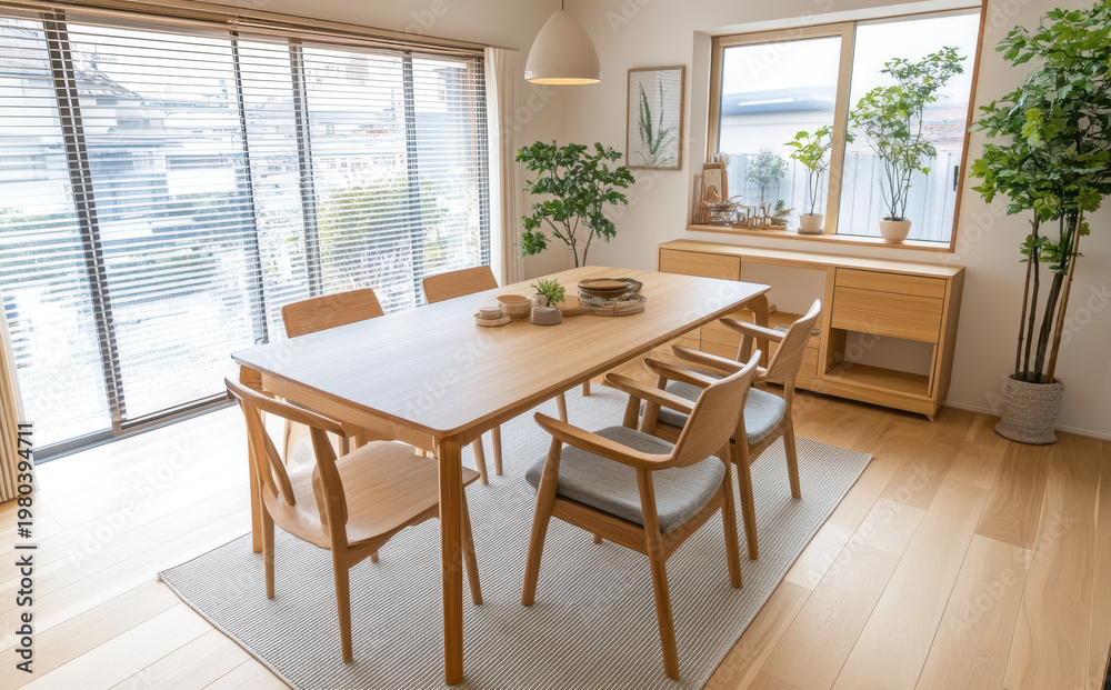 Fototapeta premium Modern dining room wooden table wooden chair indoor plant large window natural light minimalist decor bright interior cozy atmosphere Scandinavian style modern dining room with wooden table