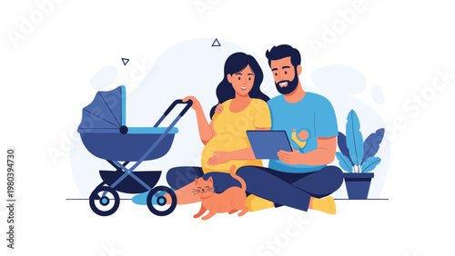 Expectant couple sitting on the floor with their cat while looking at a tablet and planning for their new baby and blue stroller.
