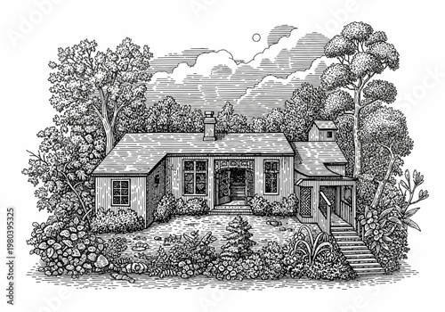A meticulously detailed monochrome illustration depicting a charming rustic cottage nestled amidst lush natural foliage, rendered in a classic hand-drawn etching style under a cloudy sky