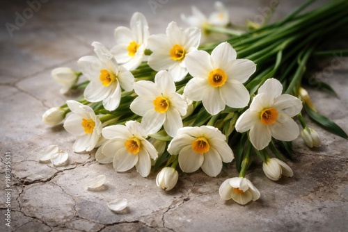 Elegant white jonquils displayed on a cracked textured surface