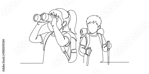 Continuous line art of two kids with backpacks exploring and using binoculars.