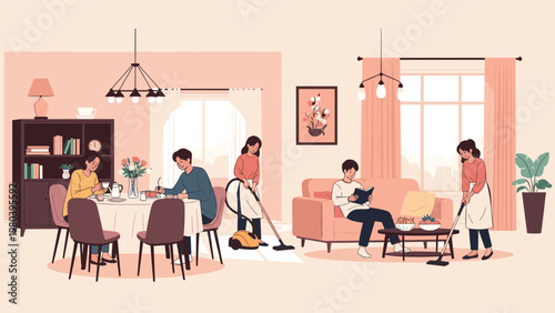 Large household scene showing different family members and staff busy with cleaning, reading, and eating in various rooms at home.
