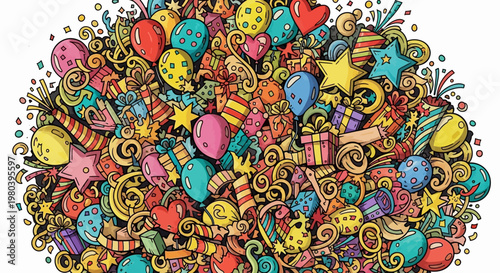 A vibrant and chaotic explosion of festive elements, including balloons, confetti, gifts, and stars, symbolizing celebration and joy