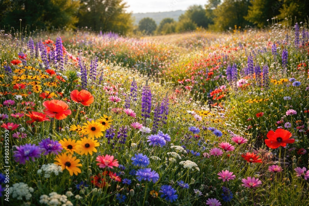 Obraz premium Vibrant Wildflowers Blooming in Abundant Meadow During Peak Flowering Season