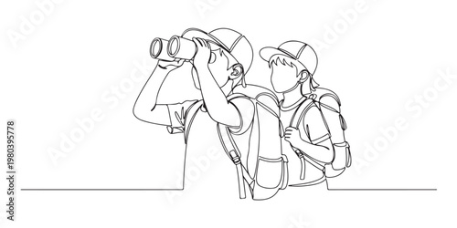 Continuous line art of two kids with backpacks exploring and using binoculars.