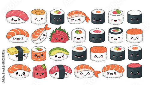 Large collection of adorable kawaii sushi characters including nigiri, maki, and sashimi with cute faces on a clean white background.