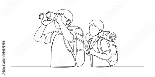 Continuous line art of two kids with backpacks exploring and using binoculars.