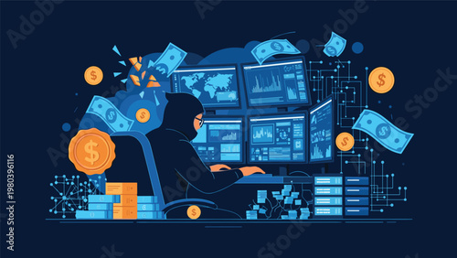 Cybercriminal in a dark room uses multiple computer monitors to hack into bank accounts and steal money shown as floating digital currency.