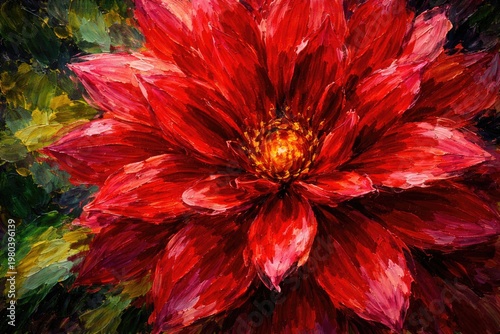 Detailed close up of a vivid red flower in an expressive oil painting style