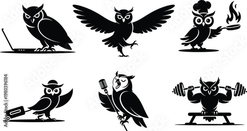 Black and white of six owls in various activities laptop wings spread chef