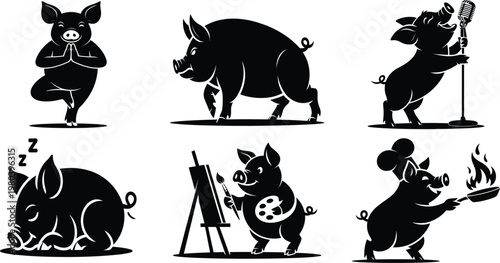 Black and white pig silhouettes in various activities pigs meditation sleeping