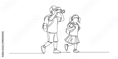 Two children hiking, one looking through binoculars with both carrying backpacks, line art drawing style. vector illustration 