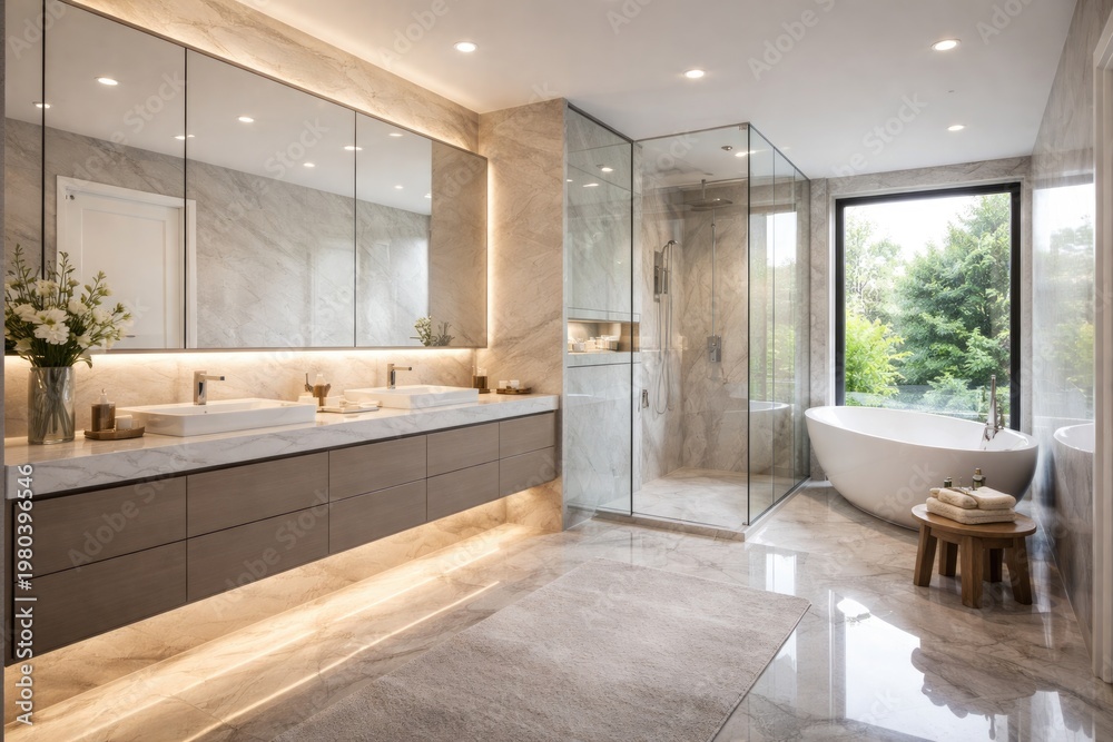 Fototapeta premium Modern Luxury Bathroom with Gleaming Surfaces and Stylish Design