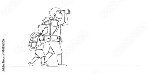 Two children hiking, one looking through binoculars with both carrying backpacks, line art drawing style. vector illustration 