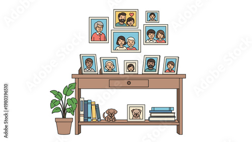 Living room furniture featuring a wooden sideboard with various framed family portraits, books, and a small dog figurine on display.