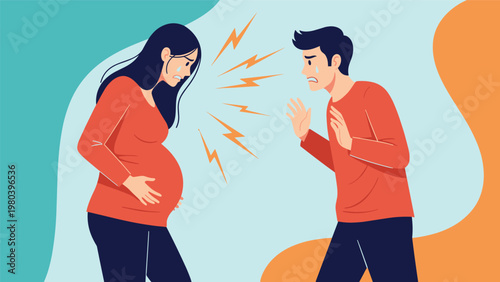 Stressed pregnant woman shouting and arguing with a worried man during a heated domestic conflict shown with lightning bolt symbols.