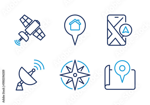 Satellite Technology and Positioning thin line icon set. Minimal web icons