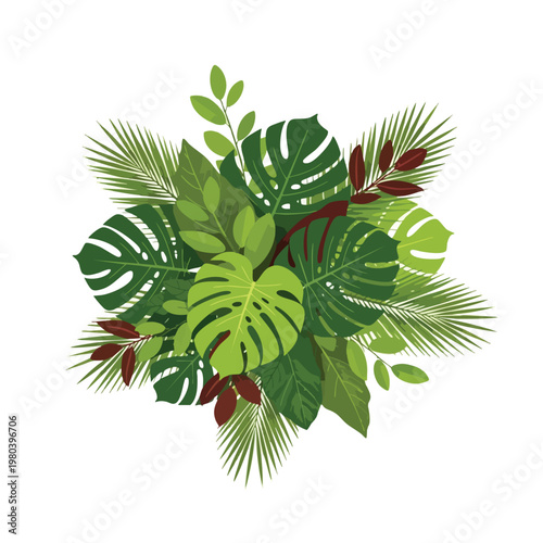 Vibrant green and burgundy tropical leaves arranged in a circular pattern
