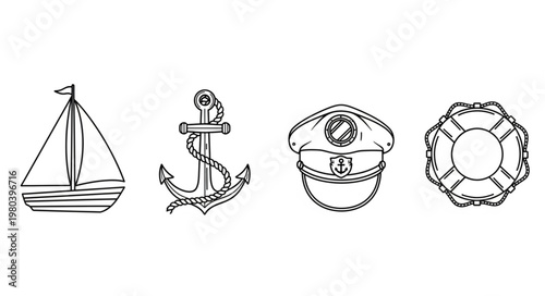 Nautical Icons Collection Featuring Sailboat Anchor Captain Hat and Lifebuoy.