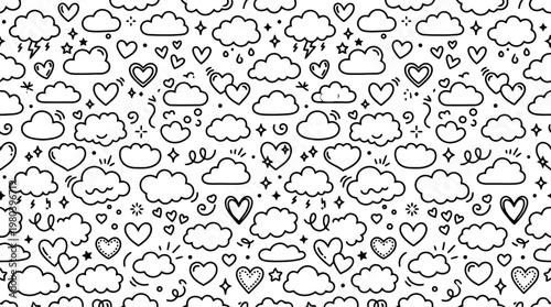 Monochrome doodle pattern featuring hand-drawn clouds and hearts across a seamless background.