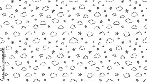 Whimsical Weather Icon Seamless Pattern with Clouds, Sun, Stars and Raindrops for Backgrounds.