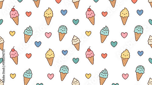 Pastel Ice Cream Cone Pattern with Hearts: Whimsical Doodle Design for Fabric and Decor.