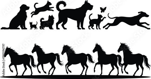 Black silhouettes of dogs cats and horses on white background animal