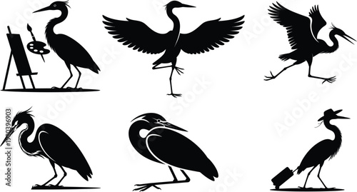 Black silhouettes of herons in various poses and activities bird white background