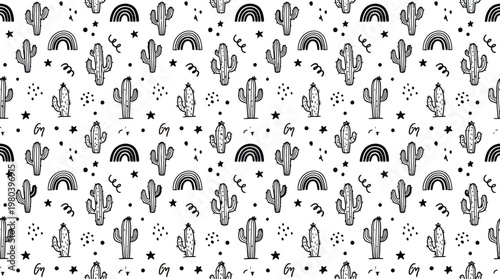 Monochrome cactus pattern featuring spines, cacti silhouettes, and geometric tessellations.