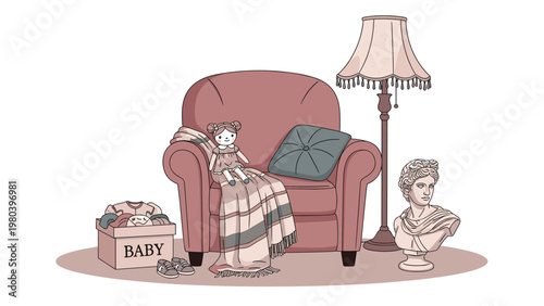 Vintage-style pink armchair in a cozy room decorated with a baby doll, a blanket, a storage box for baby clothes, and a classical bust sculpture.