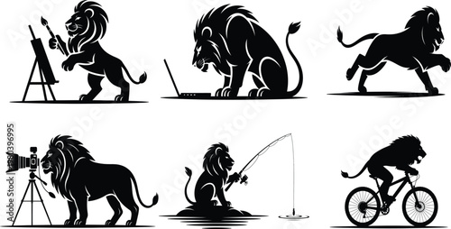 Black silhouettes of lions engaging in various human activities white background painting