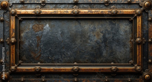 Vintage metal frame mockup with steampunk industrial design ready for text