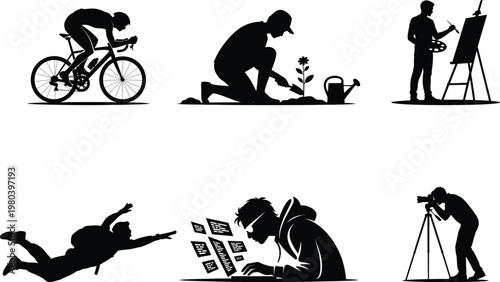 Black silhouettes of people engaging in various activities hobbies cycling