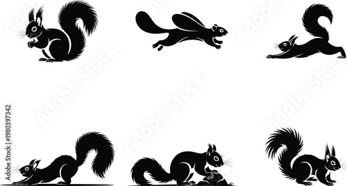 Black silhouettes of squirrels and a rabbit in various poses white