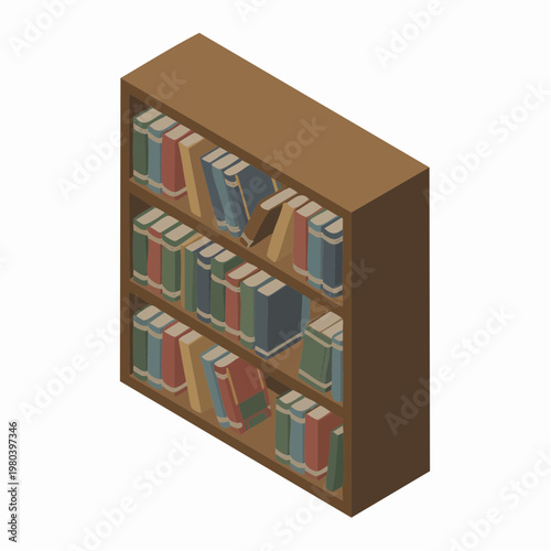 An isometric 3D illustration of a brown wooden bookshelf filled with colorful books.