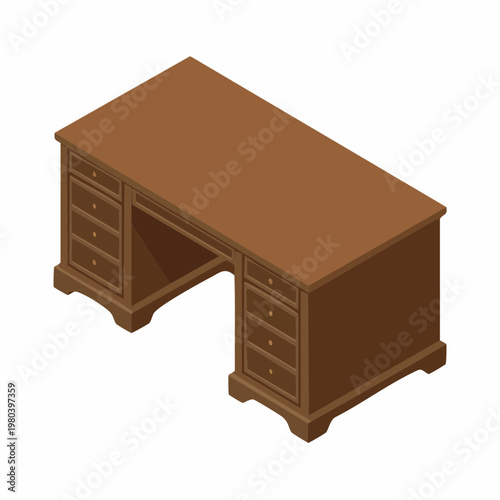 An isometric vector illustration depicts a classic brown wooden office desk with drawers.