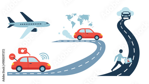 Infographic showing different modes of modern transportation including airplanes, connected cars, and people commuting across the world.