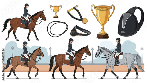 Comprehensive set of equestrian sports equipment and professional riders performing dressage on different breeds of horses at a competition.