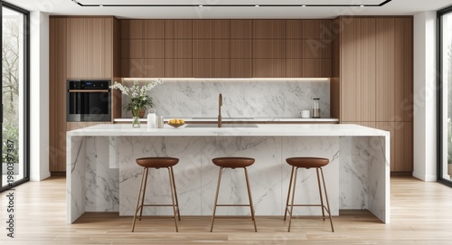 Streamlined kitchen setup highlighting a marble surface and uniquely styled bar stools