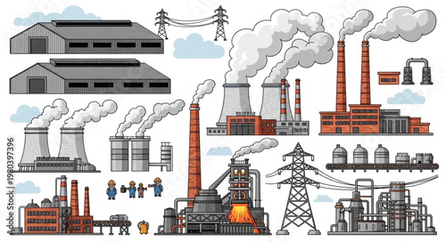 Industrial factory buildings with smoke stacks and power lines.